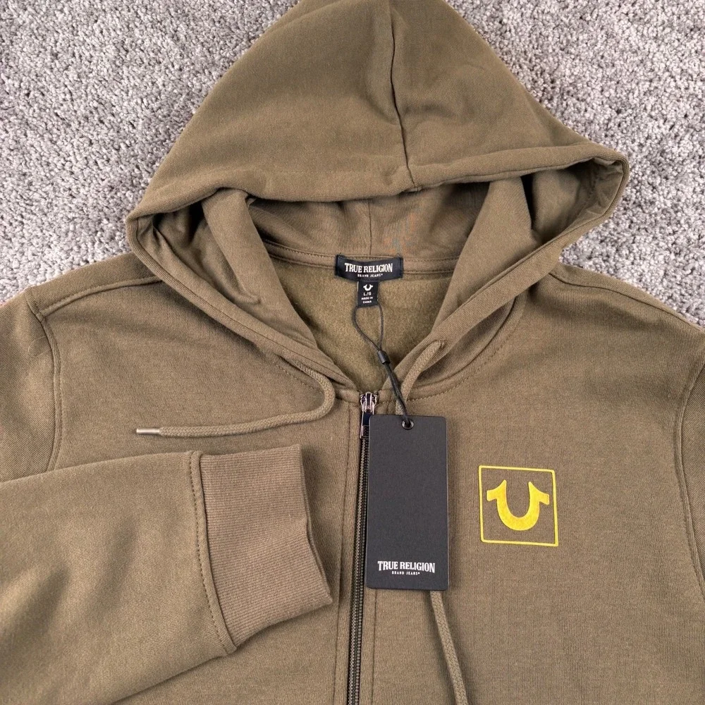 NEW True Religion Full Zip Hoodie Mens L Olive Green Graphic‎ Print